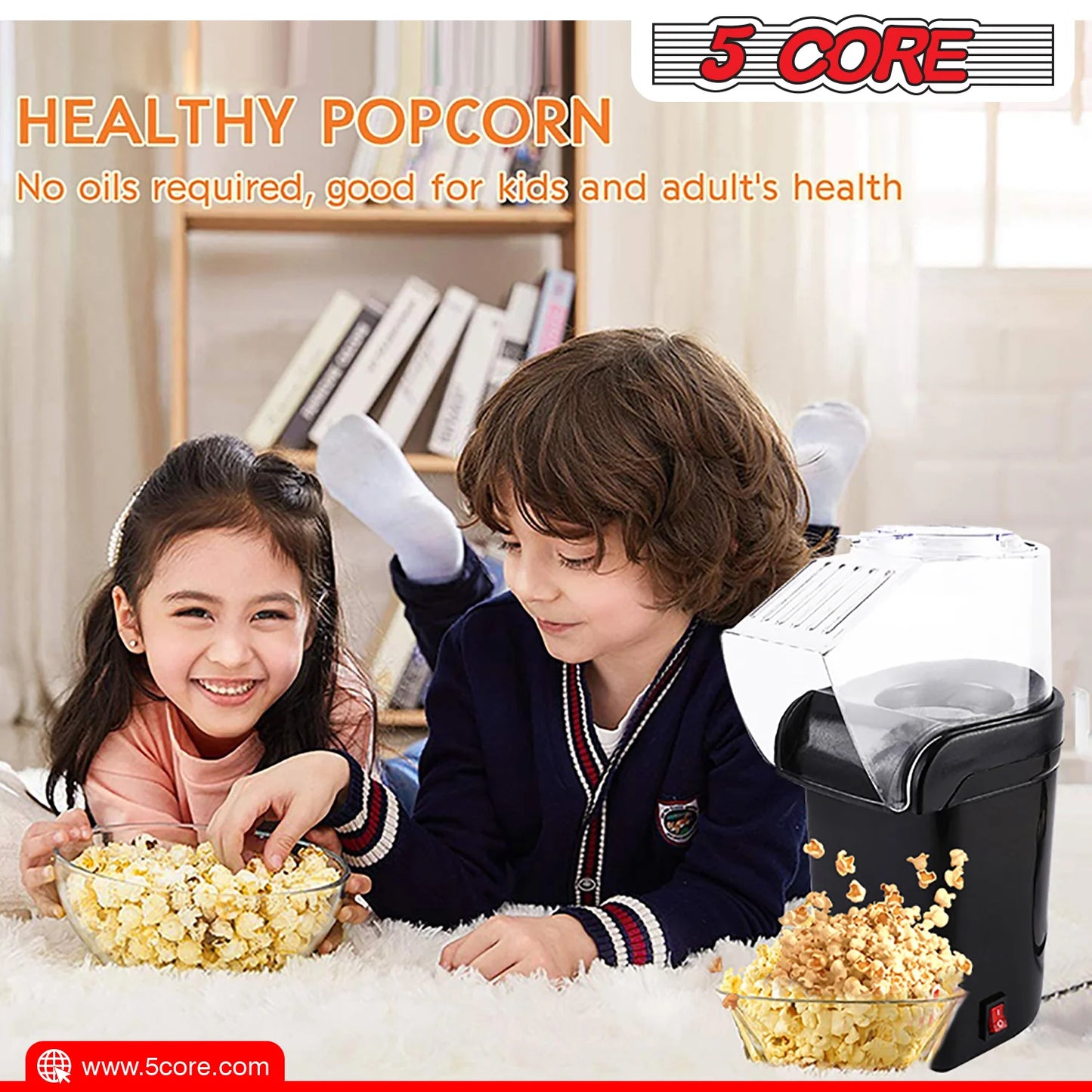 5Core Hot Air Popcorn Machine, 16 Cup, Electric Oil-Free Pop Corn Kernel Popper Bpa-Free Food Safe Black