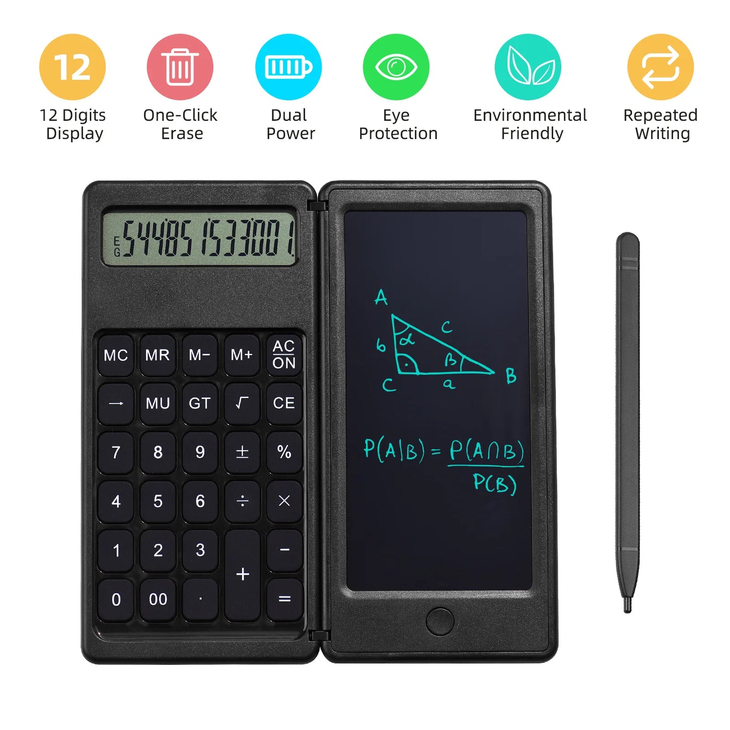 12-Digit Foldable Scientific Calculator Digital Large Display with an Erasable Writing Tablet Digital Drawing Pad Math Calculato