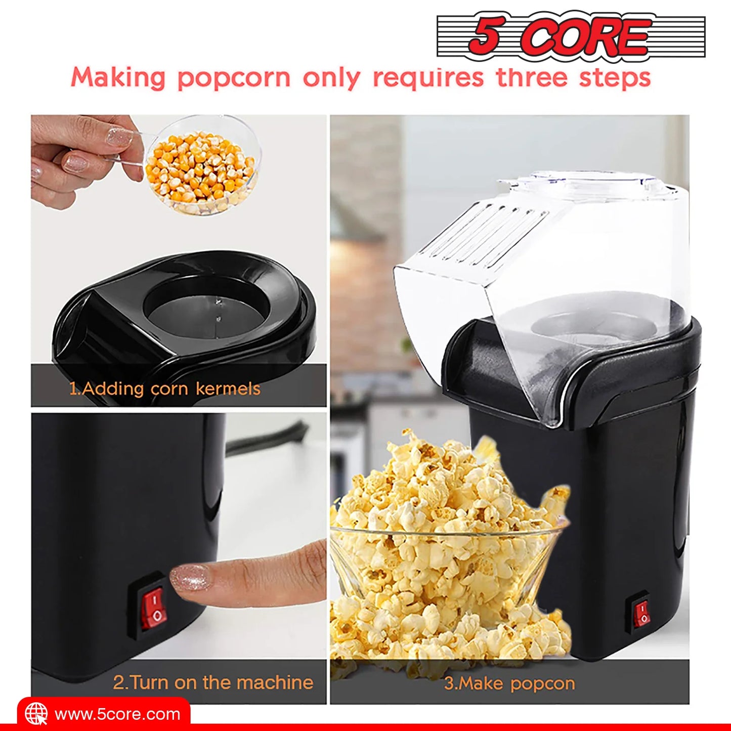 5Core Hot Air Popcorn Machine, 16 Cup, Electric Oil-Free Pop Corn Kernel Popper Bpa-Free Food Safe Black