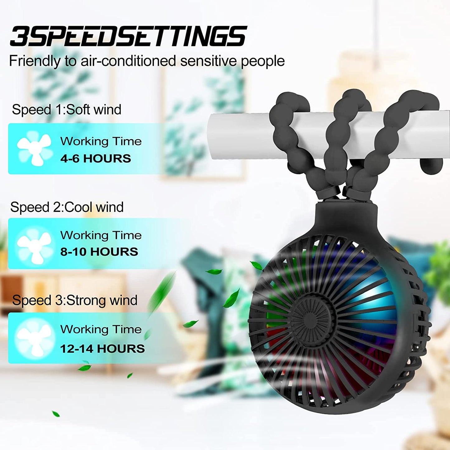 Stroller Fan Upgraded Portable Fan Versatile Fan Personal Desk Fan USB Rechargeable Fan with LED Light and Aromatherapy Flexible Tripod Design Handheld Fan 3 Speeds Baby Fan for Stroller（Black